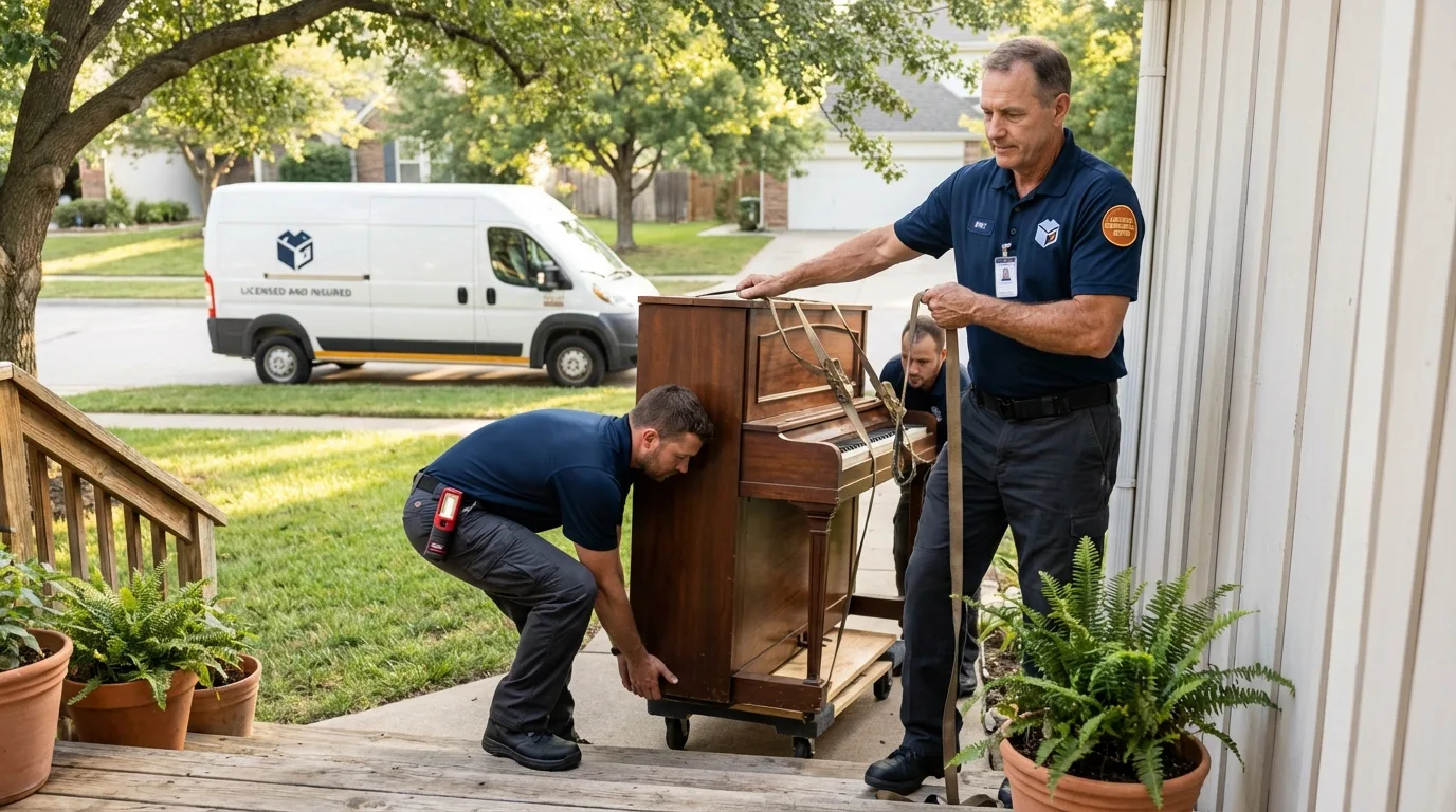 Licensed piano movers securing grand piano in Woodruff, SC
