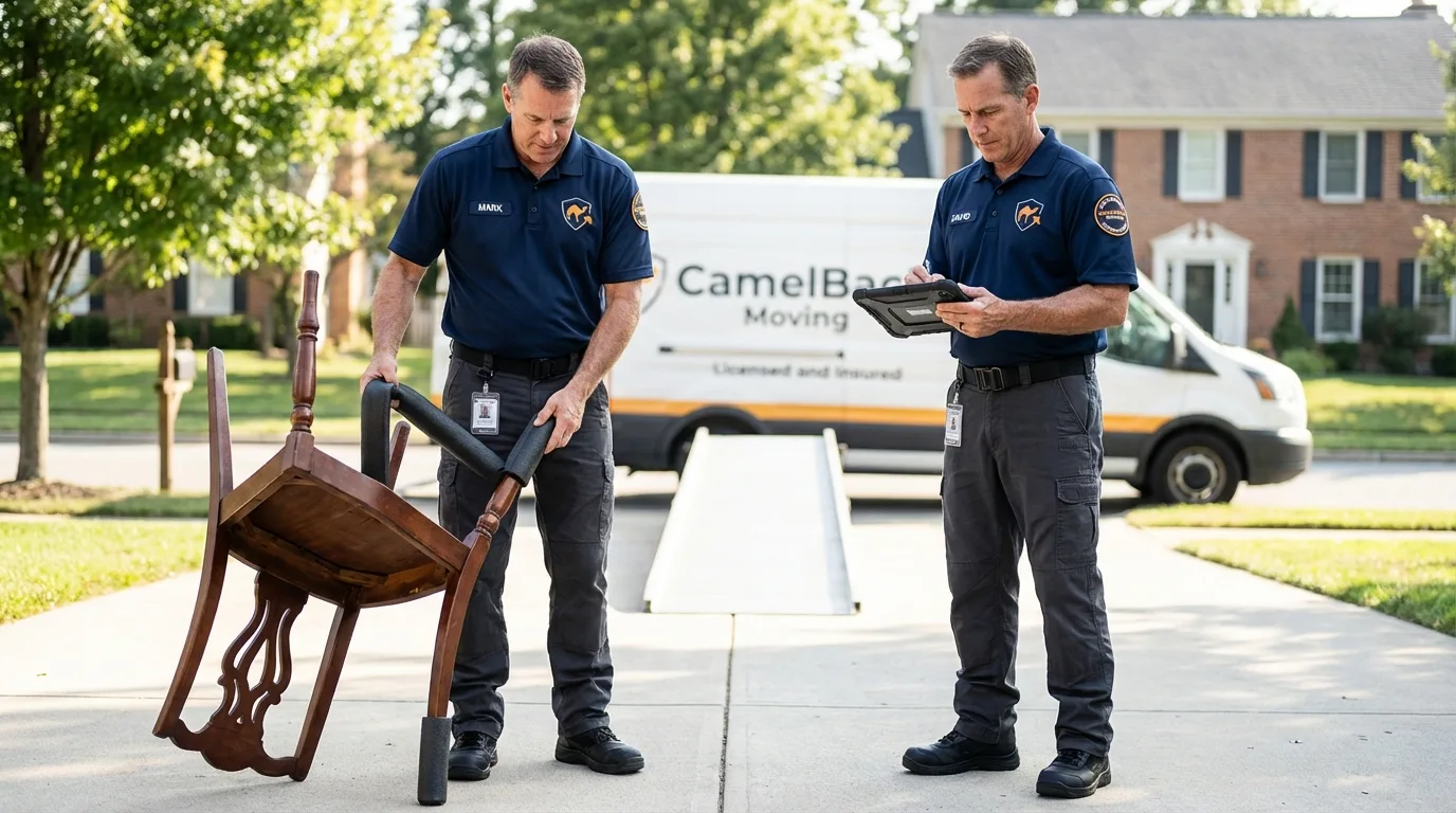 Movers inspecting furniture for damage prevention before loading in Woodruff, SC