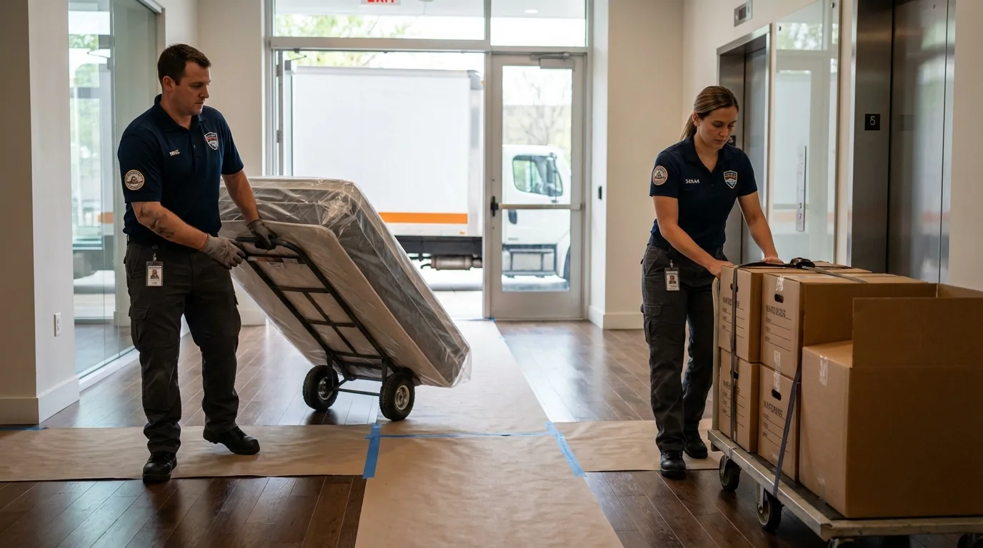 Professional apartment movers loading elevator in Woodruff, SC