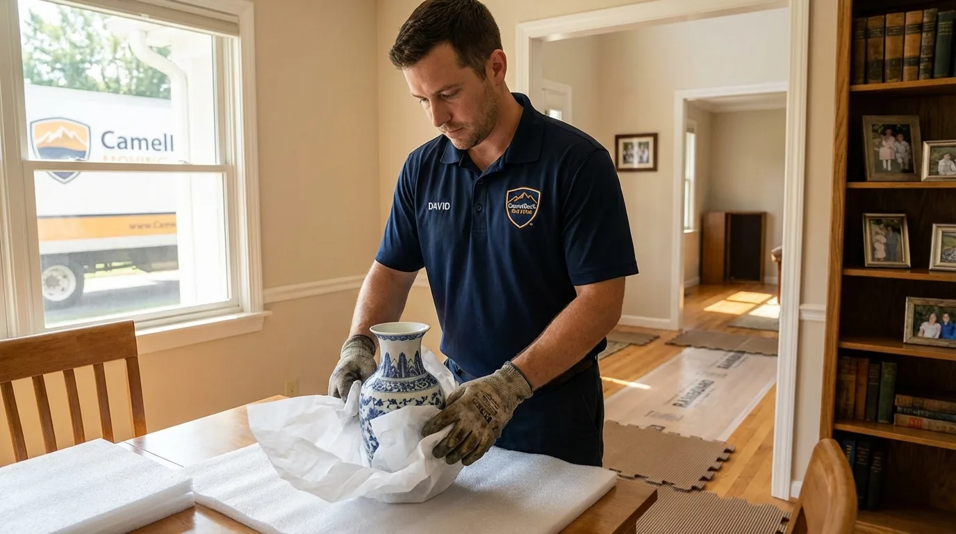 Professional crew carefully wrapping antique vase for senior downsizing move in Woodruff, SC